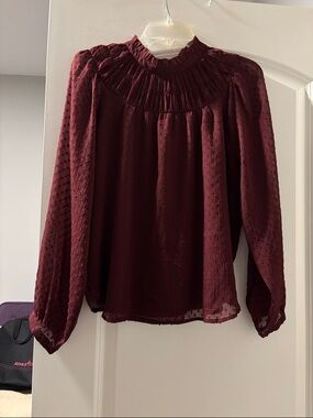 LOFT Burgundy Textured Smocked-Neck Blouse